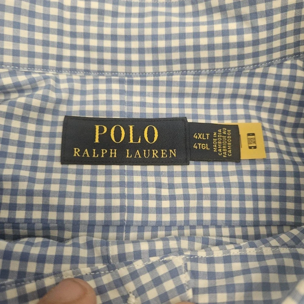Polo Ralph Lauren Mens 4XLT Stretch  Blue White Check Button Down Shirt Big Tall